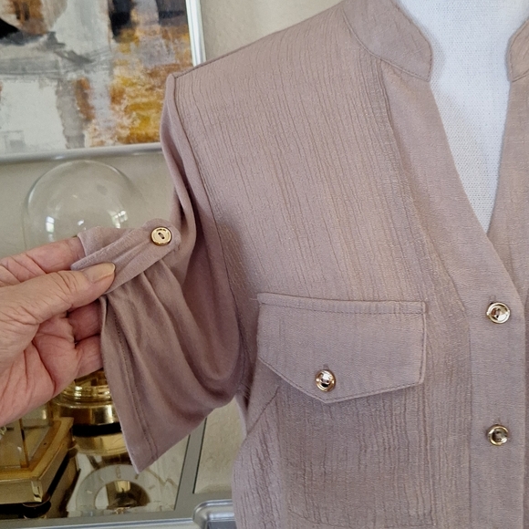 PerSeption Concepts Button Down Tan Top Large Short Sleeve - Picture 2 of 6